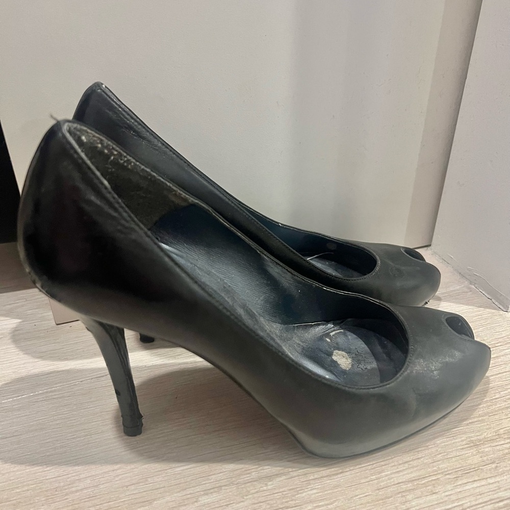 Stuart Weitzman Classic Black Peep-Toe Heels